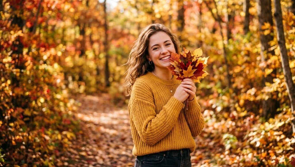 A smiling young woman with shoulder-length brown hair and a mustard yellow knitted sweater stands in a sunlit forest, holding a bouquet of vibrant red and orange maple leaves to her face.