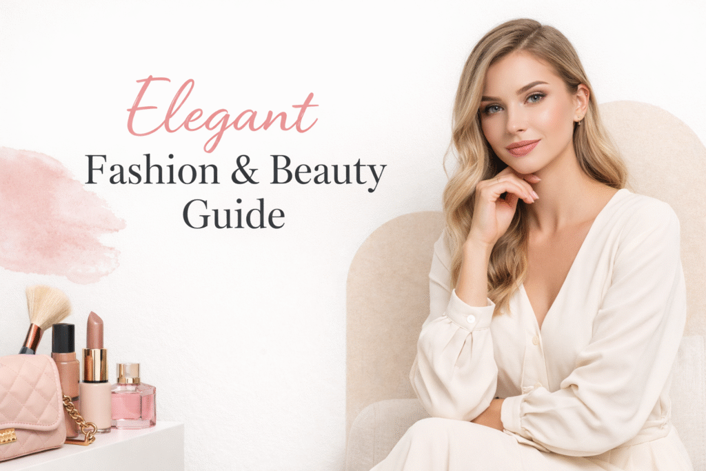 Elegant fashion and beauty blog banner featuring a stylish woman with natural makeup and beauty products on a clean aesthetic background